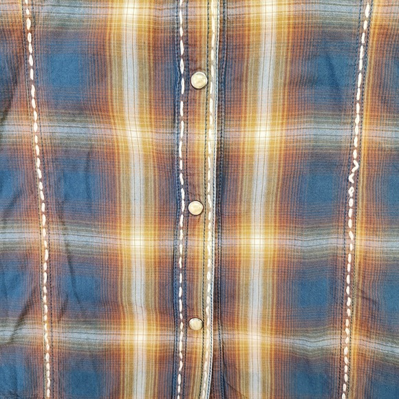 Panhandle Shirt Womens Large Blue Yellow Plaid Western Pearl Snap Embroidered - Picture 2 of 8